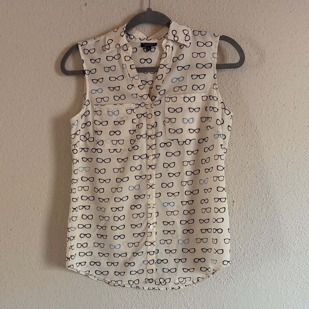 Talbots Cream Sleeveless Blouse with Glasses Print